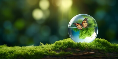 World environment day concept.Globe Glass with butterfly. circular economy renewable energy. sustainable development goals.Environmental protection renewable energy, green business, Generative AI - obrazy, fototapety, plakaty