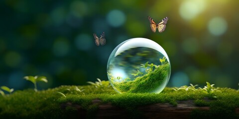 World environment day concept.Globe Glass with butterfly. circular economy renewable energy. sustainable development goals.Environmental protection renewable energy, green business, Generative AI