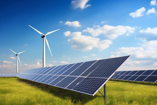 solar panels and wind turbines generating electricity in power station green energy renewable with blue sky background, Generative AI
