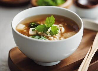 delicious miso soup at restaurant, above view

