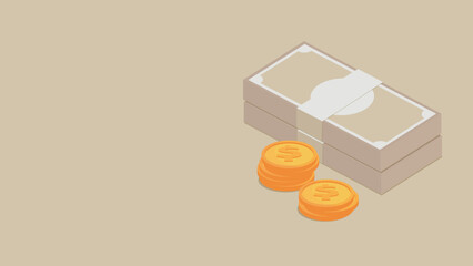 Bunch of banknotes and pile of dollar coins.