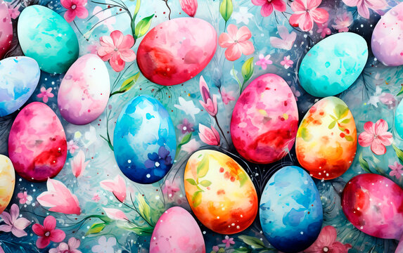 Set of beautiful watercolor easter eggs over white background with empty space for text. Colorful illustration for poster, card or greetings.
