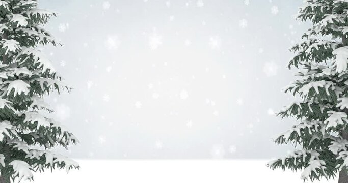falling snowflakes in the background with christmas tree in the foreground - 3D Animation 4K DCI