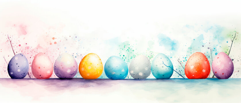 Set of beautiful watercolor easter eggs over white background with empty space for text. Colorful illustration for poster, card or greetings.