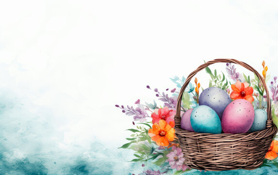Set of beautiful watercolor easter eggs on cute basket over white background with empty space for text. Colorful illustration for poster, card or greetings.