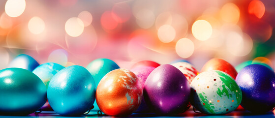 Row of colorful easter eggs over bokeh lights background with space for text. Set of easter eggs...