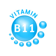 Vitamin B11 blue substance Sign Icon. Realistic design, small circle around. Isolated on white background. Personal care, beauty concept. Medicine health symbol of thiamine. Vector Illustration EPS10.