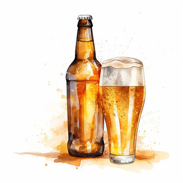 Beer glass with foam and beer bottle illustration isolated on a white background, watercolor clipart 