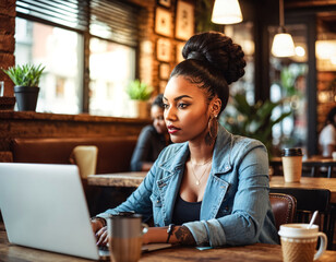 Young black woman with tattoo working on laptop in a cafe