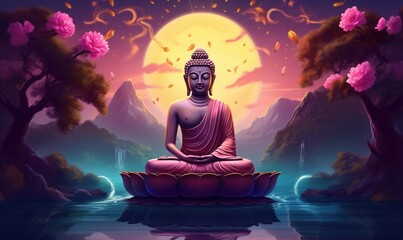Lord Buddha in meditation for Buddhist festival of Happy Buddha Purnima Vesak, Generative AI - obrazy, fototapety, plakaty