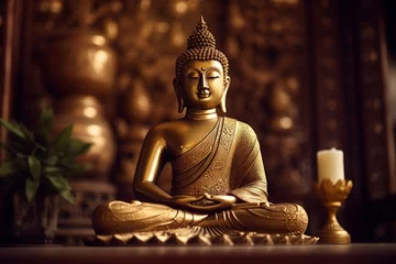 Fotobehang A golden statue of a buddha in temple, Generative AI © Pixel Pioneers