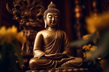 A golden statue of a buddha in temple, Generative AI