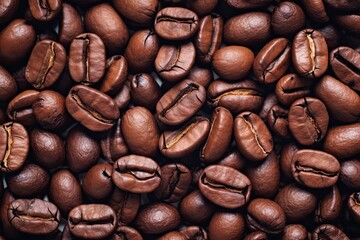 Obraz premium Aromatic bliss. Close up of roasted coffee beans in warm tones. Morning delight. Dark roast. Gourmet drink experience