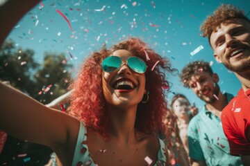 Obraz na płótnie Canvas happy beautiful woman on party with confetti