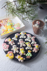 Christmas marshmallows. Winter candy. Sweet food in december. Snowman and Santa Claus