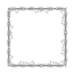 Christmas frame, garland with light bulbs, tree branch.