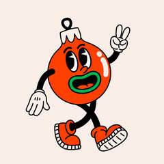 Retro cartoon red Christmas ball Groovy vintage 70s funny ball character with arms and legs walking