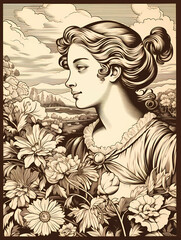 Fototapeta premium A Woman In A Garden, Portrait of a woman with lots of flowers.