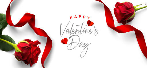 Valentine's Day banner design elements isolated on white background. Red silk ribbon, Red Rose Flower and Pairs of Red Hearts, with natural transparent shadow on transparent background, clipping path 