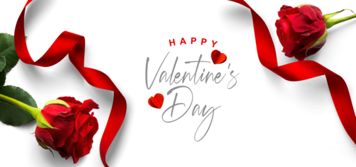 Valentine's Day banner design elements isolated on white background. Red silk ribbon, Red Rose Flower and Pairs of Red Hearts, with natural transparent shadow on transparent background, clipping path 