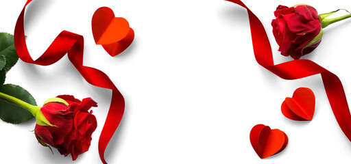 Valentine's Day banner design elements isolated on white background. Red silk ribbon, Red Rose Flower and Pairs of Red Hearts, with natural transparent shadow on transparent background, clipping path 