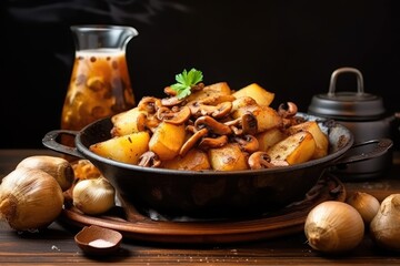 mushrooms with potatoes in the middle of the dark background there are fried potatoes 