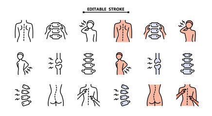 Chiropractic line icon set. Editable stroke. Chiropractor icons set. - obrazy, fototapety, plakaty