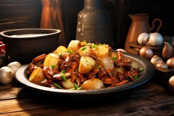 mushrooms with potatoes in the middle of the dark background there are fried potatoes 