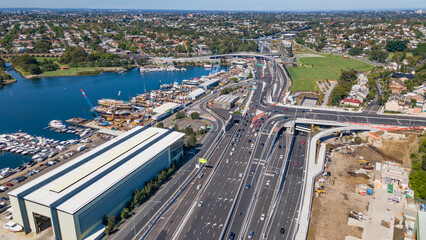 Aerial drone view at Rozelle Interchange in Sydney, NSW Australia looking toward City West Link,...