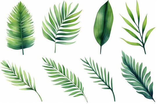 Set watercolor painting palm leaf,green leaves isolated. Watercolor hand painted illustration tropical exotic leaf for wallpaper vintage Hawaii style pattern. Generative AI