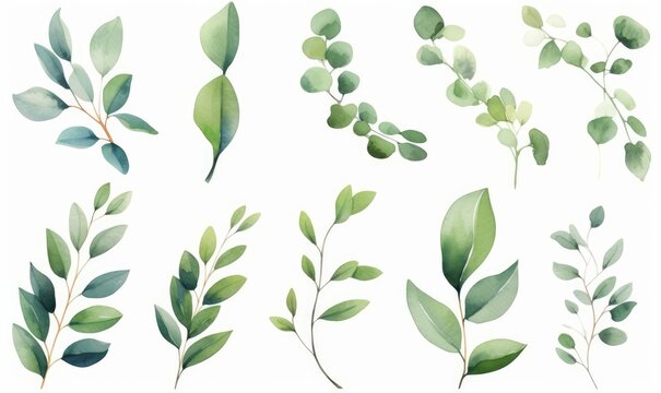 Watercolor floral illustration set. green leaf branches collection for wedding stationary, greetings, wallpapers, fashion.Collection botanical isolated on white background, Generative AI