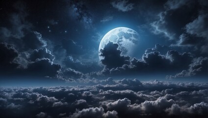 Naklejka na ściany i meble Night sky with clouds and moon. Cloudscape. Beautiful landscape of the sky with a celestial body. Nature wallpaper.
