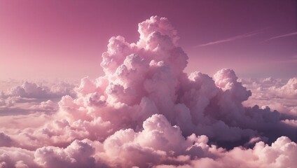 Pink fluffy cumulus clouds background. Penetrating rays of light through the sky. Pink heaven. Amazing cloudscape. Atmosphere. Wallpaper.