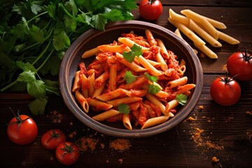 Penne pasta with tomato sauce with sausage tomatoes green basil decorated in a frying pan on a wooden table