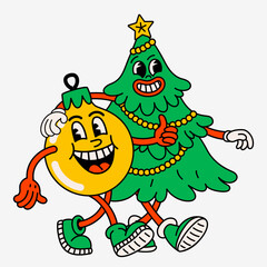 Retro cartoon Christmas tree and ball. Groovy vintage 60s funny Christmas tree and ball characters walking arm in arm.