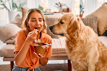 Pet and owner at home. Pleasant young woman with wavy blond hair sitting on floor and eating chinese noodles at living room. Adult golden retriever with begging eyes sniffing aroma human food. - obrazy, fototapety, plakaty