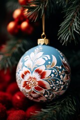 Fototapeta na wymiar a closeup photo of a Christmas bauble with handpainted hygge pattern on it, Christmas colors