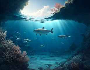 Fototapeta premium A underwater scene a coral reef with fish. Perfect for illustrating marine life, aquatic ecosystems, scuba diving, and underwater exploration.