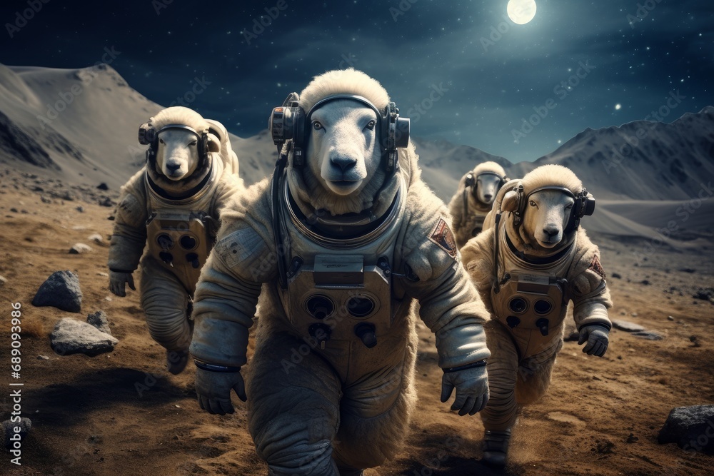 Wall mural a group of sheep astronauts in spacesuits explores the planet.