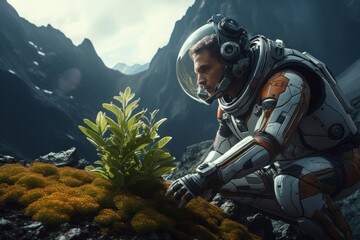 An astronaut in a spacesuit explores a plant on an unknown planet. Space explorers, Galaxies. - obrazy, fototapety, plakaty