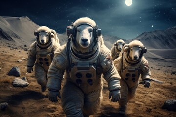 A group of sheep astronauts in spacesuits explores the planet.