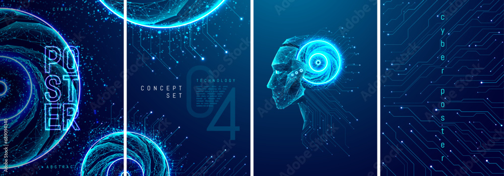 Poster AI technology poster design. Digital abstract set of tech posters in futuristic light blue with low poly elements on a dark background. Future and Artificial Intelligence concept. Robot face. Vector.