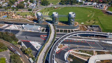 Aerial drone view at Rozelle Interchange in Sydney, NSW Australia above the large chimney towers, shot on 3 December 2023 