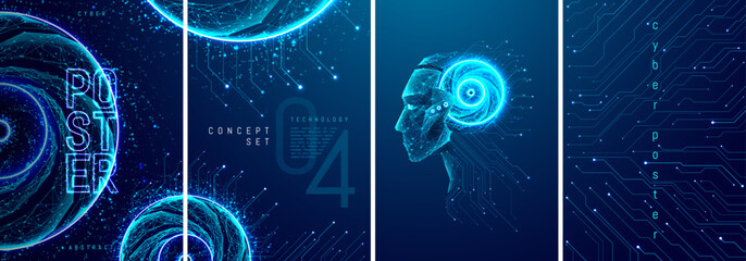 AI technology poster design. Digital abstract set of tech posters in futuristic light blue with low poly elements on a dark background. Future and Artificial Intelligence concept. Robot face. Vector.