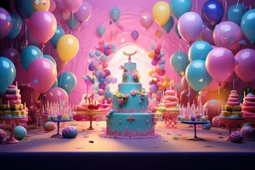 Fotobehang Birthday cake with balloons and candles on the table, 3d rendering, Table with a birthday cake with candles, balloons, party decorations, Birthday Party Decorations © Jahan Mirovi