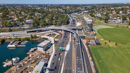 Aerial drone view at Rozelle Interchange in Sydney, NSW Australia looking toward City West Link,...
