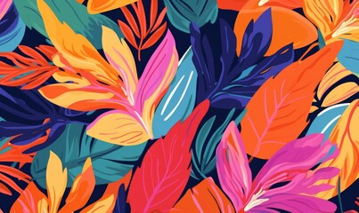 Modern tropical floral pattern. Colorful abstract contemporary seamless pattern. Hand drawn unique print, Generative AI
