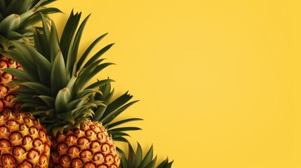 Fototapeta premium Pineapples on a bright yellow background. Summer concept. View from above. Juicy summer background.