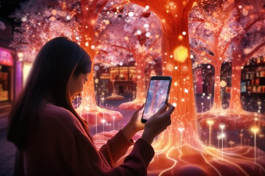 Woman using a smartphone against digitally generated image of Christmas tree forest, a woman taking pictures of beautifully decorated set with lights, beautiful decoration
