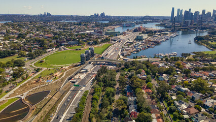 Aerial drone view at Rozelle Interchange in Sydney, NSW Australia looking toward Sydney City, shot...